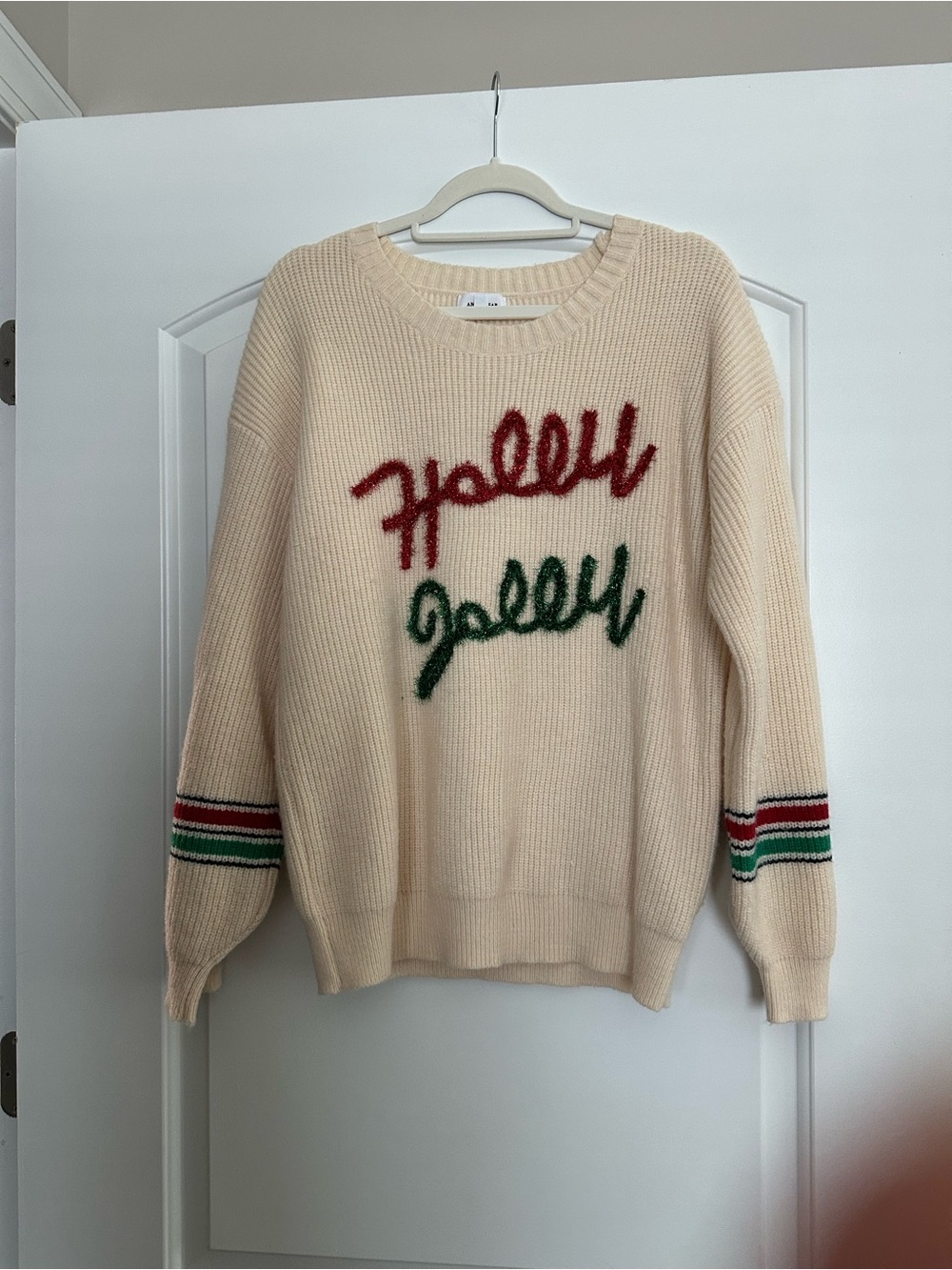 Annie Wear Cream Crewneck Sweater with Red and Green Script